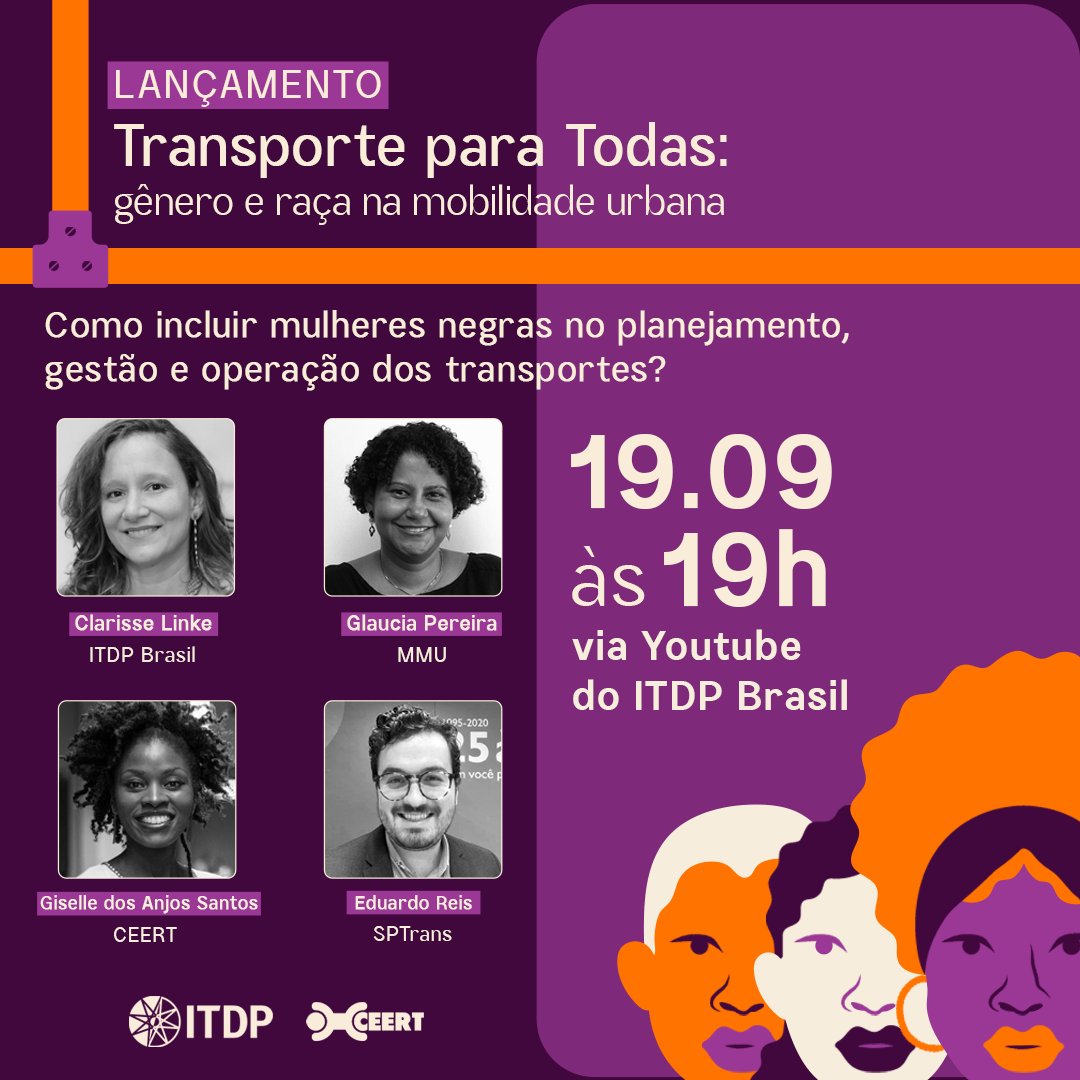 O @ITDPBrasil, junto com o <a href="/CeertOrg/">CEERT</a>, @IPMMU e a <a href="/sptrans/">SPTrans</a> irão discutir sobre como tornar os sistemas de transporte público mais responsivos às necessidades das mulheres, especialmente pretas e pardas. O evento é gratuito. Inscreva-se e participe:  bit.ly/tptodas