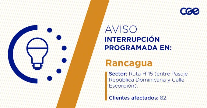 tvohiggins_'s tweet image. CORTE DE LUZ PROGRAMADO

La empresa CGE informa que mañana jueves, entre 09:00 y 15:00 horas, se realizará una #InterrupciónProgramada del servicio eléctrico, debido a trabajos de mejoras en el sector.