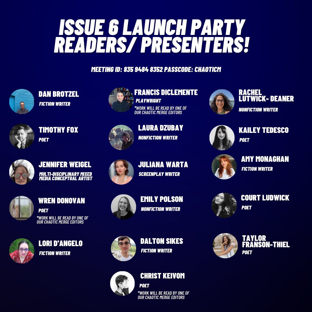 ChaoticMerge's tweet image. I know what you were thinking; this launch party couldn’t get any better. Well, it did! We have two more speakers joining us on Sunday! So start getting ready for a night of poetry, fiction, nonfiction, art, plays, and screenplays! A true mix of what Chaotic Merge is all about!