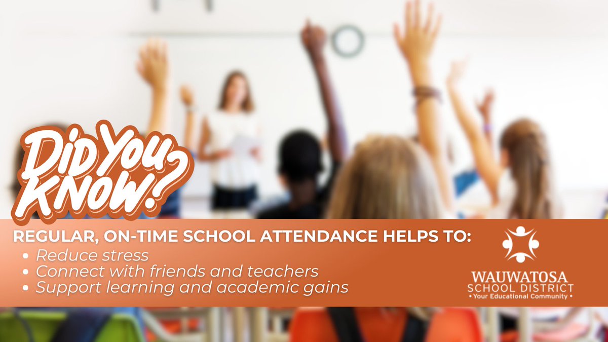 Did you know that regular, on-time school attendance helps to: ✅Reduce stress ✅Connect with friends and teachers ✅Support learning and academic gains Learn about the ways we are partnering with families to support school attendance here: wauwatosa.k12.wi.us/article/1231396