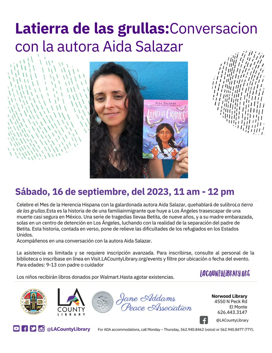 Celebrate Hispanic Heritage Month with award-winning author Aida Salazar as she discusses her book 'Land of the Cranes'. Registration link: visit.lacountylibrary.org/event/9102989 @LACountyLibrary @aida_writes #HispanicHeritageMonth
