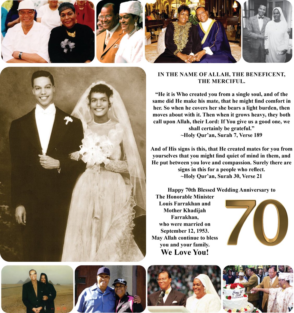 OfficialNOI's tweet photo. Happy 70th Blessed Wedding Anniversary to The Honorable Minister @LouisFarrakhan and Mother Khadijah Farrakhan, who were married on September 12, 1953. Read special coverage in @TheFinalCall https://t.co/jZSWKvzqtQ