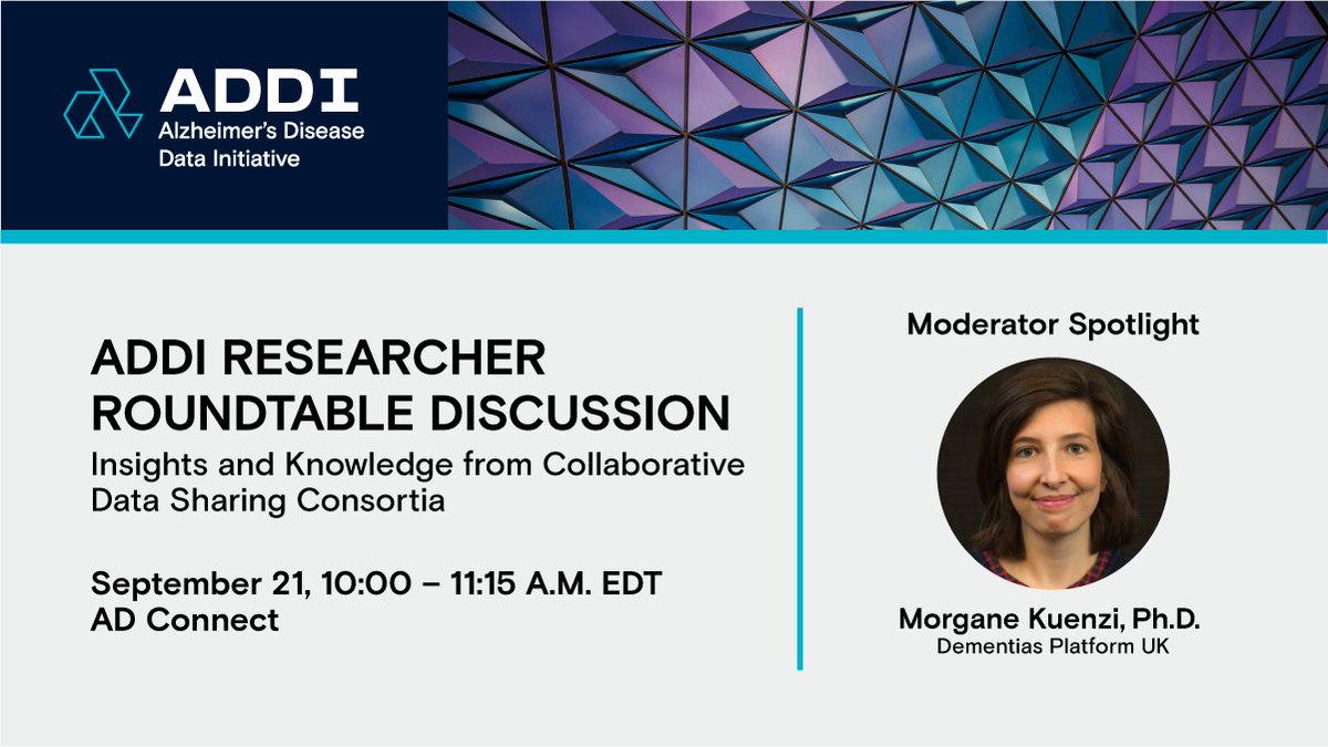 AlzData's tweet photo. Meet our moderator and panelists for the ADDI Researcher Roundtable: Insights and Knowledge from Collaborative Data Sharing Consortia.
Join the live discussion and Q&A on #WorldAlzheimersDay Sept 21 at 10AM EDT (UTC -5). Register on #ADConnect: https://t.co/Ku43gKEbTq https://t.co/7EWpVoUdZU