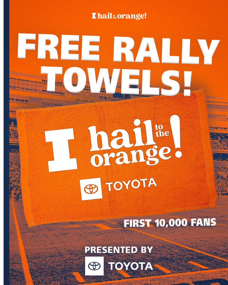 IlliniAthletics's tweet photo. Paint Memorial Stadium orange, Illini famILLy! Be one of the first 10,000 fans into the stadium and receive a free rally towel 🔸🔸

And don't forget to wear your orange!

#Illini | #HTTO https://t.co/0opCmEf1ic