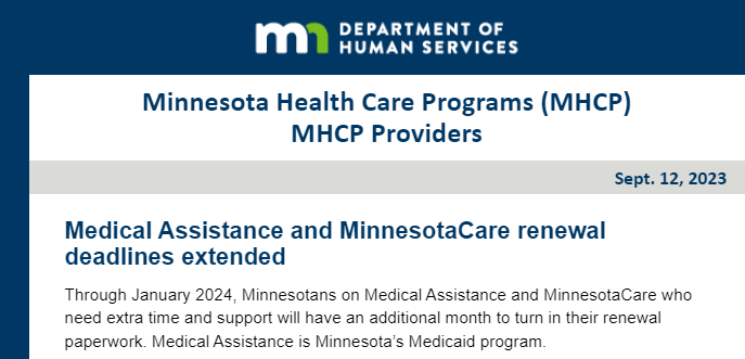 #MedicaidUnwinding:  MN Medicaid granting another month extension to get renewal forms in. Not an easy process but trying to give people enough time.