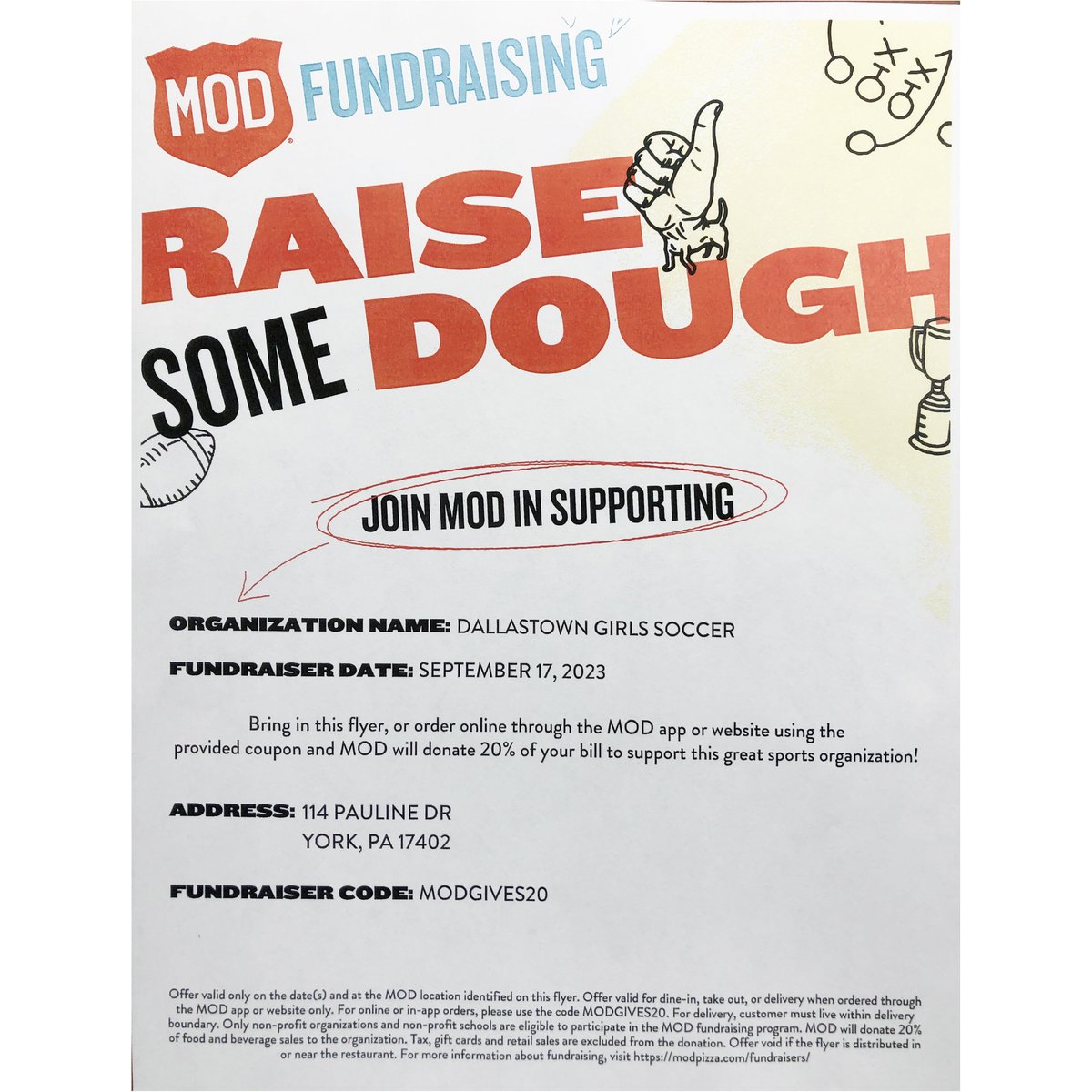 Mark your calendar, DT Girls Soccer Spirit day at Mod Pizza Sunday, 9/17 - 20% of Proceeds benefit the team. Show the attached flyer or use code: MODGIVES20 for Online orders!