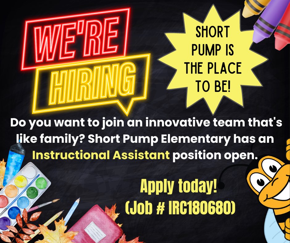 Do you want to join an innovative team that's like family? Short Pump Elementary has an instructional assistant position available. Apply today! (Job # IRC180680) Go to henricoschools.us and click “Careers” for more information.