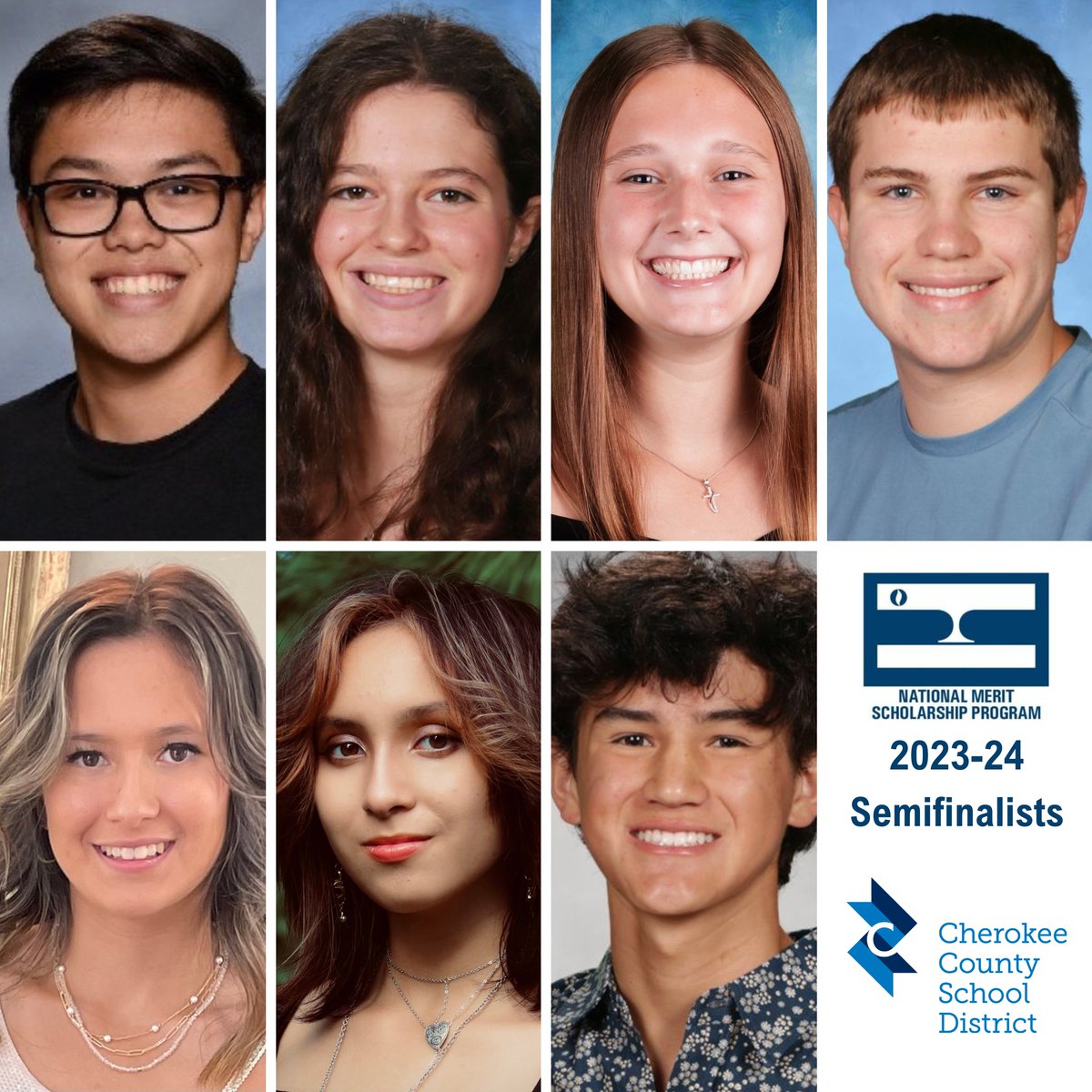 Seven CCSD seniors today were named 2024 National Merit Scholarship Semifinalists: Creekview HS, Peter Greenwell, Laura Hand, Kinley Sikes; River Ridge HS, Rylan Radziewicz; Sequoyah HS, Livana Lekas, Valor Lekas; Woodstock HS, Xavier Olsen! cherokeek12.net/post-detail/~b… #CCSDfam