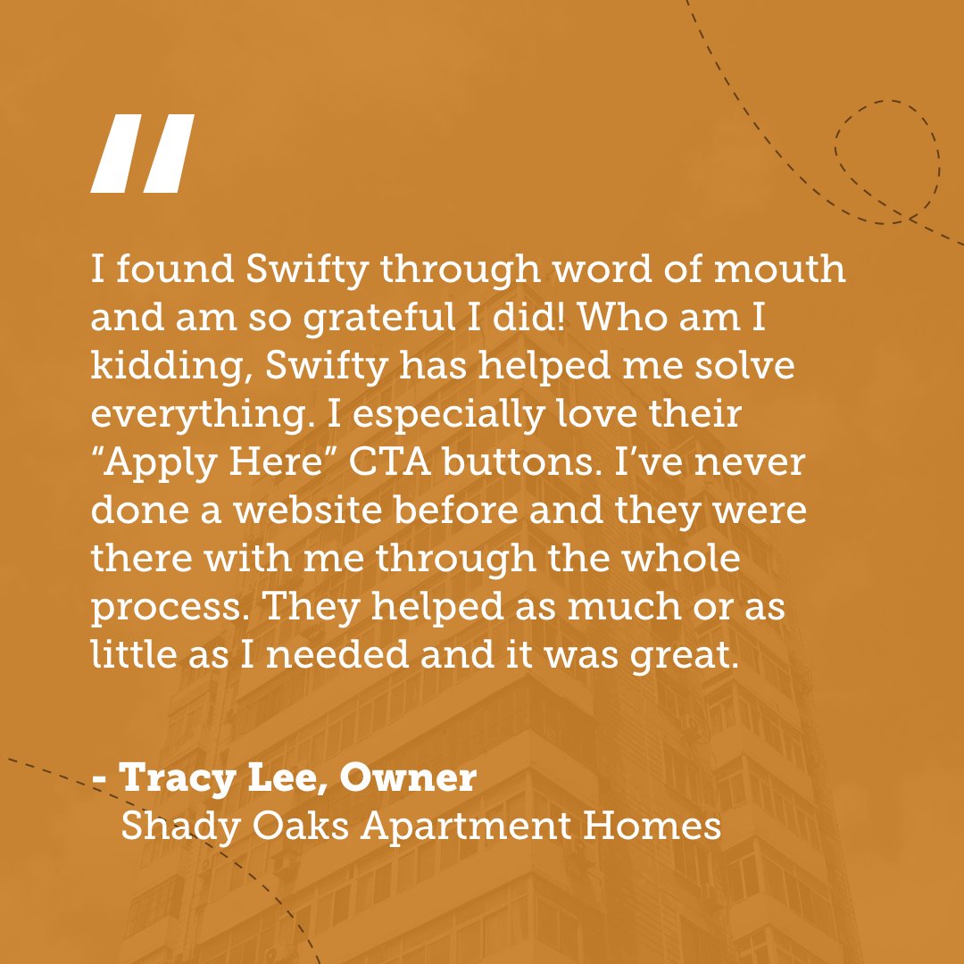 Real experiences from our Swifty family! Tracy Lee of Shady Oaks Apartment Homes shares how we've transformed her website journey. From seamless "Apply Here" buttons to dedicated support, we're here every step of the way. Thanks for the love, Tracy! 💬