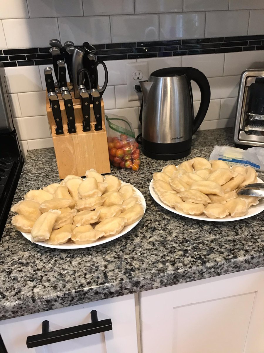 mmPharmD's tweet image. My mom just texted this photo to me, my SIL and my MIL, saying dinner is served and all are invited.  Uh .. mom?  No.  Those are MY pierogi, not theirs.  #BackOff