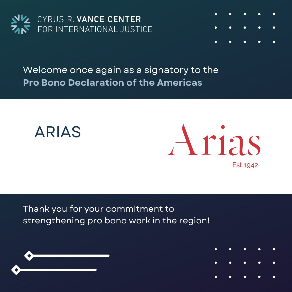 VanceCenter's tweet photo. We're pleased that @AriasLawFirmCA, with offices across 6 countries in Central America, has renewed its status as a signatory to the Pro Bono Declaration of the Americas #PBDA.
Welcome back Arias, we're grateful for your commitment to strengthening pro bono work in the region! https://t.co/cxD9pU8pH3