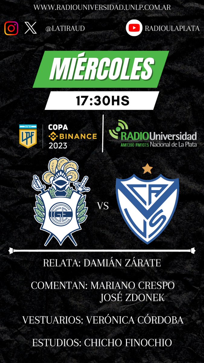 LaTiraUD's tweet photo. #SentimosElFutbol ⚽️
⏰ 17.30hs

#GELP 🆚 #Velez 

🎙Relata: @damianzarate1
 🗣Comentan: @MarianoCres  @JoseZdonek

 Junto a @VeritoCordoba2 @lucasfinochio y equipo 

📻 @radioulaplata
📱 https://t.co/mTGK5FyQmB
🌐https://t.co/rNxXe89Mgm https://t.co/FGMkKmaI9X