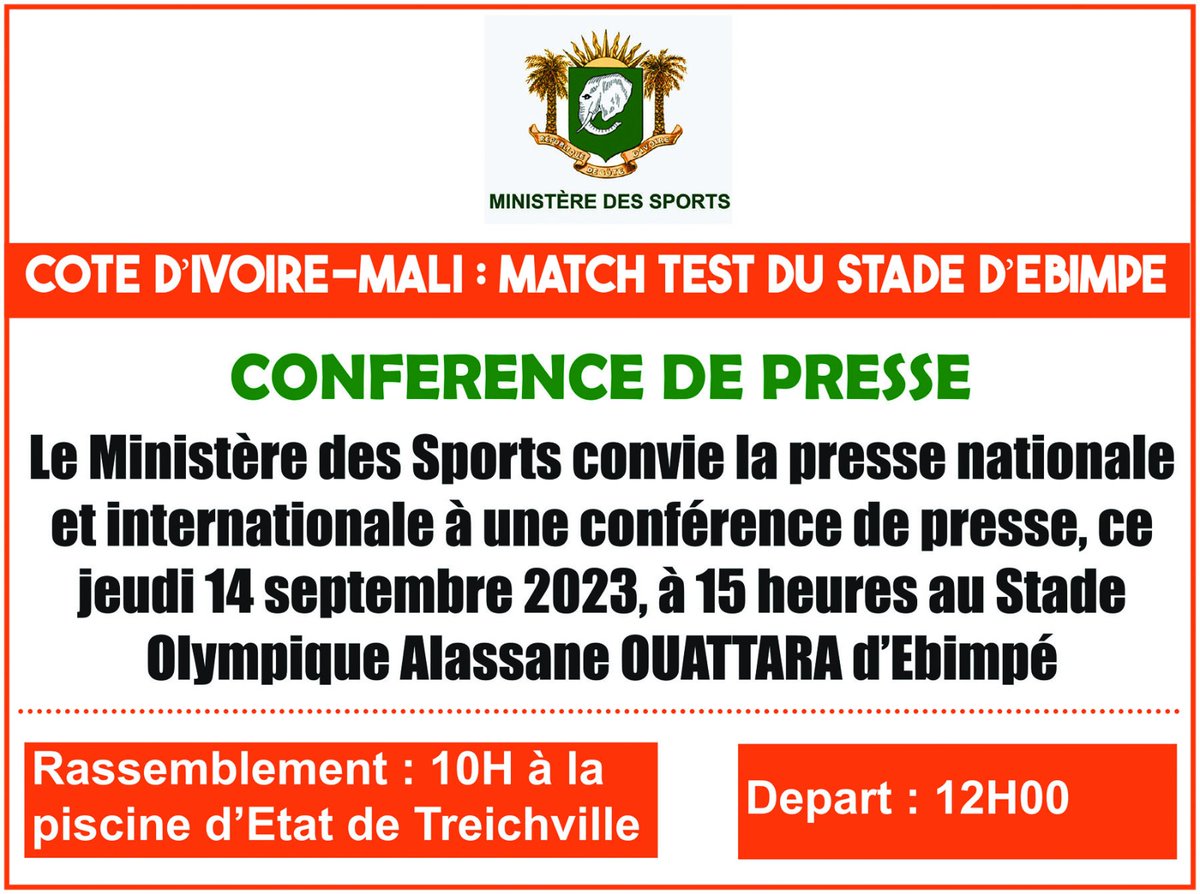 edithbrou's tweet photo. BREAKING NEWS 🔴 Conférence de presse du Ministère des sports ce jeudi 14 septembre 2023 au sein du stade du Alassane Ouattara d'Ebimpé 🇨🇮⚽🌾💦 https://t.co/FOjXQpCKMj