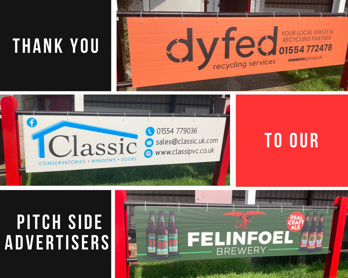 🚨Pitchside advertising🚨 A BIG thank you to all the companies who are supporting our club in the form of Pitchside Advertising! Here’s a sample of Companies on show. If you are interested in Asvertising or sponsoring opportunities with us then please DM #TeuluLlan ⚫️🔴⚪️