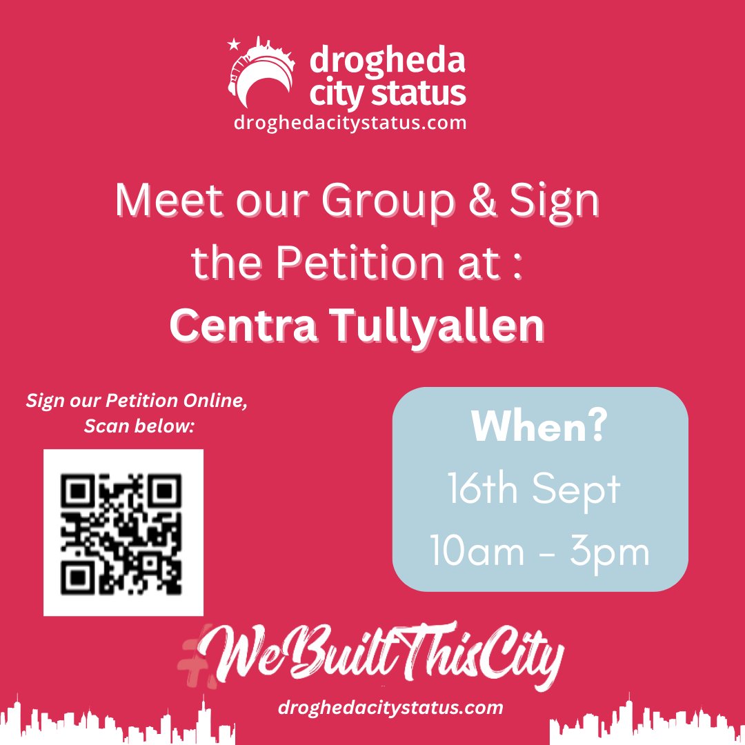 ✍️We're on the countdown to our Official Petition Launch this weekend.

We need YOUR support in making the ambition of City Status a reality!
   
📍Centra Tullyallen 
📆 16th September
⏰10:00am - 3:00pm  

Sign our petition: shorturl.at/pAFQ9  

#louthchat #tullyallen