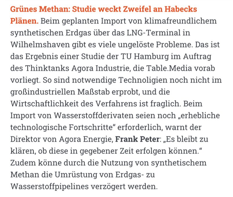 Malte Kreutzfeldt (@mkreutzfeldt) on Twitter photo Die LNG-Terminals sollen später klimaneutrale Gase importieren. Doch dabei gibt es viele ungelöste Probleme, vor allem beim synthetischen Methan, das in Wilhelmshaven genutzt werden soll. Das zeigt eine neue Studie im Auftrag von <a href="/AgoraEW/">Agora Energiewende</a>, die <a href="/table_media/">Table Media</a> vorab vorliegt. (1/3) Die LNG-Terminals sollen später klimaneutrale Gase importieren. Doch dabei gibt es viele ungelöste Probleme, vor allem beim synthetischen Methan, das in Wilhelmshaven genutzt werden soll. Das zeigt eine neue Studie im Auftrag von <a href="/AgoraEW/">Agora Energiewende</a>, die <a href="/table_media/">Table Media</a> vorab vorliegt. (1/3)