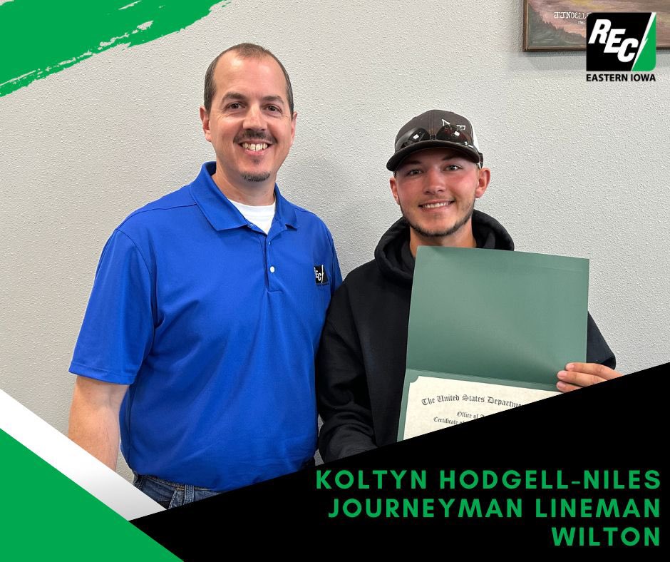 Koltyn Hodgell-Niles has completed his 7,000 hours of on the job training, hands on skills tests and online testing through his apprenticeship program and is our newest Journeyman Lineman!
 
Congrats, Koltyn! ⚡️
📷 He is pictured with Mark Elder, Division Manager of Operations