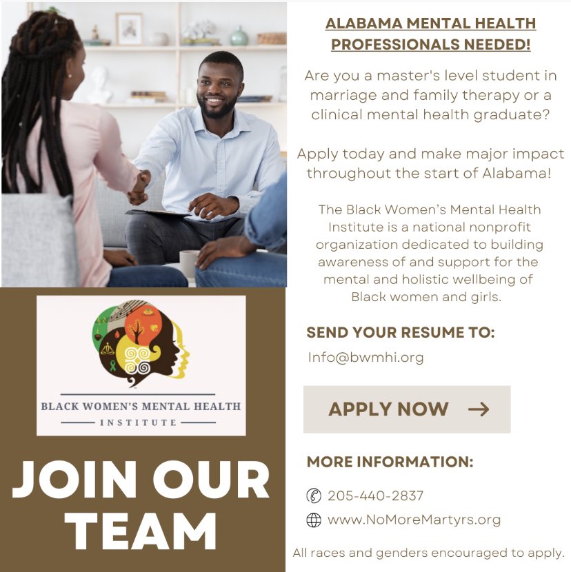 Are you an Alabama graduate student working towards a career as a licensed marriage and family therapist (LMFT) or a licensed professional counselor (LPC), join the history making team with the Black Women's Mental Health Institute. 

Send you resume to info@bwmhi.org today!