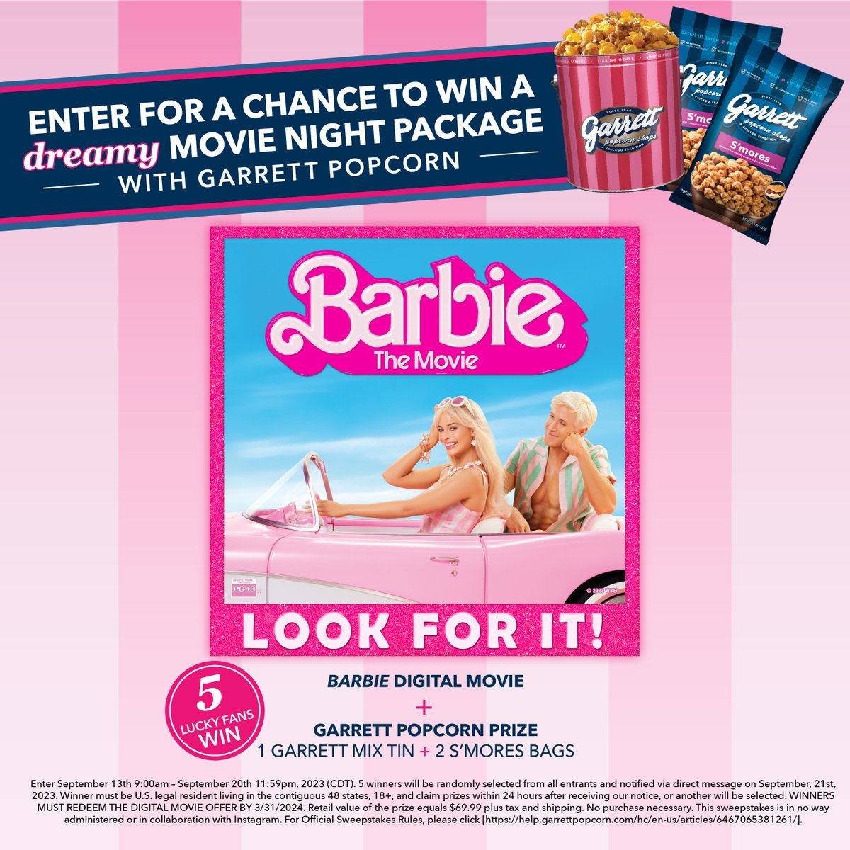 💖 A SWEEPSTAKES for popcorn and @BarbieTheMovie 💖 Enter for a chance to win a dreamy movie night package with the Barbie digital movie and Garrett Popcorn! 🎉 Head over to @garrettpopcorn on Instagram for your chance to win: bit.ly/48pJtgm
