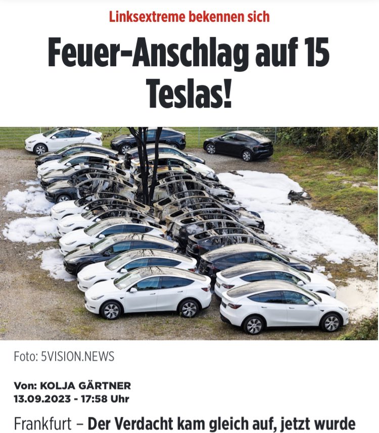 telecult_'s tweet photo. Linksextreme fackeln Tesla ab - weil was?
Weil sie Autos nicht mögen?
Weil sie Musk hassen?
Weil sie X voll blöd finden?
Weil Kapitalismus?
Weil einfach dumme Idioten?
#Tesla #x #musk #leftist #leftistterror #antifa https://t.co/bSKnxmRFH8