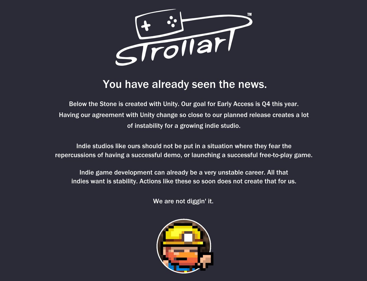 BelowTheStone's tweet image. I guess we should post one of these. 👎

All we want is stability for our studio. 

#unity #unity3d #gamedev #indiegame #indiedev