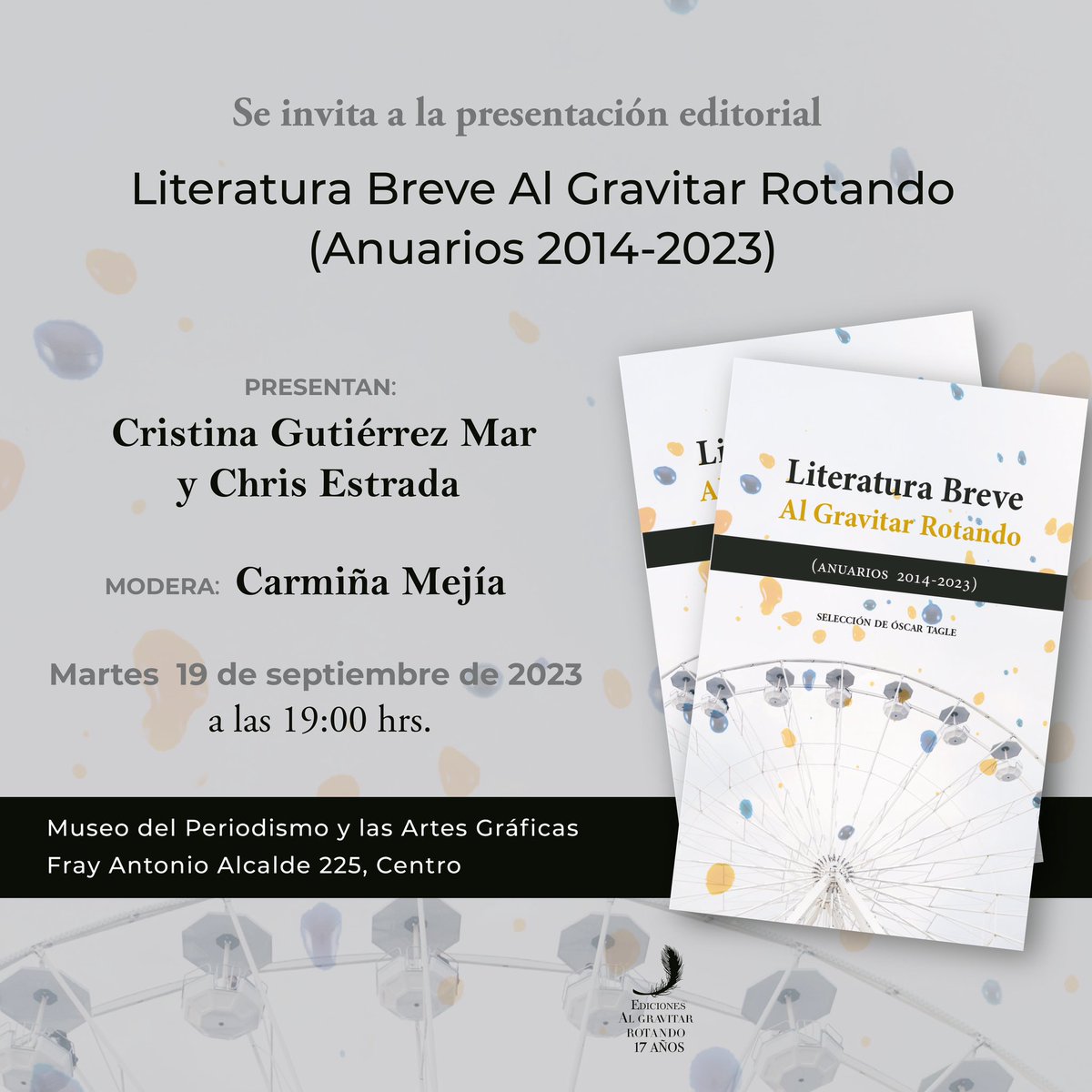 La próxima semana nuestra comunidad cumple diecisiete años… integrada por un taller, una editorial y una asociación civil; celebramos con dos presentaciones: Literatura Breve/ Anuarios 2014-2023 y Nadie me preguntó. Muy buenas razones para brindar. ¡Allá nos encontramos! 🍷🧀✨