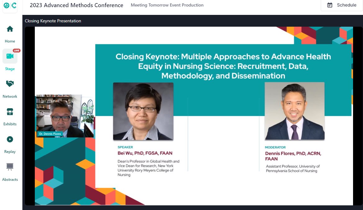 The Closing Keynote, “Multiple Approaches to Advance Health Equity in Nursing Science: Recruitment, Data, Methodology, and Dissemination,” presented by Dr. Bei Wu @beiwu66 @NYUNursing is beginning. Dr. Wu will draw from her research in the final #2023AdvancedMethods session.
