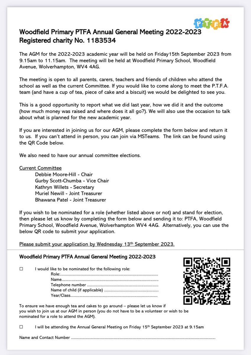 It’s back to school and time for our AGM.  Join us at 9.15am on Friday 15th September at Woodfield Primary School.  If you can’t be there in person, you can join via MSTeams! 💻 

teams.microsoft.com/l/meetup-join/…