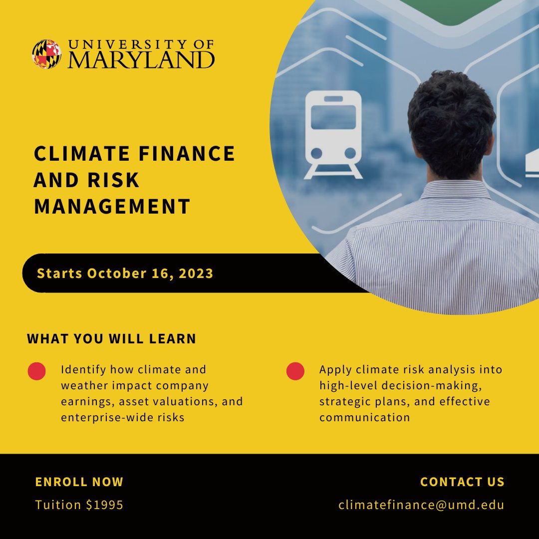 UMD Science (@umdscience) on Twitter photo Bringing together the expertise of CMNS and <a href="/SmithSchool/">University of Maryland Smith School of Business</a>, the Climate Finance and #RiskManagement course delivers #ClimateChange and risk expertise to business leaders.
Enroll now to gain access to this exciting course: go.umd.edu/CFRM Bringing together the expertise of CMNS and <a href="/SmithSchool/">University of Maryland Smith School of Business</a>, the Climate Finance and #RiskManagement course delivers #ClimateChange and risk expertise to business leaders.
Enroll now to gain access to this exciting course: go.umd.edu/CFRM