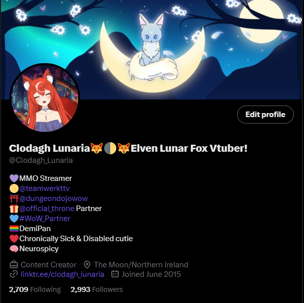 Henlo twitter/x social thing! I am SO CLOSE to 3k! I am a #chronicallyill and #disabled #Vtuber from Northern Ireland who adores World of Warcraft and other MMOs! My space is safe, chaotic and I wish I could say cosy but I scream my tits off daily so I can't! Wanna be frens!? 🦊