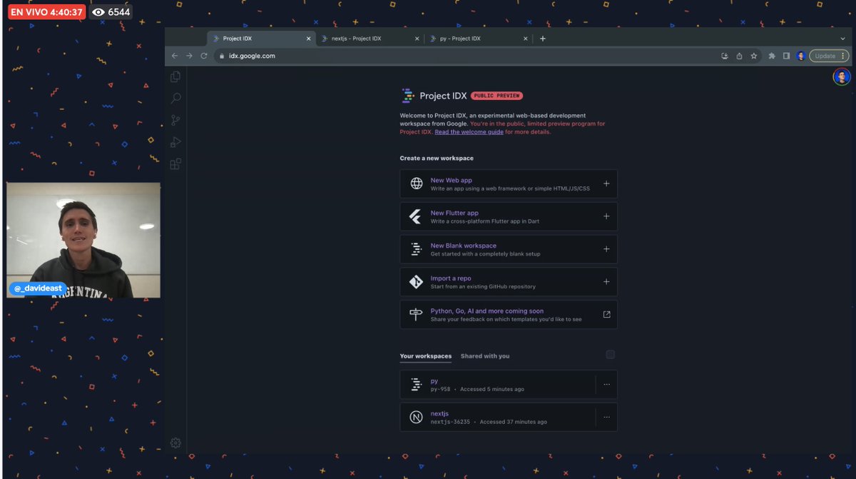 midudev's tweet photo. David East (@_davideast) nos presenta en exclusiva Project IDX.

¡El nuevo editor en la nube de Google con IA!

Nos explica todos los secretos y nos hace una demo en directo:
https://t.co/Wz7O5LmTpt https://t.co/ki8elobJkT