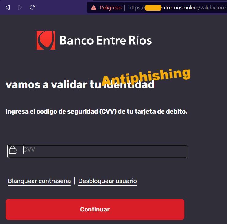 AntiPhishing_La's tweet photo. CUIDADO: #phishing de Banco Entre Ríos @Banco_EntreRios alojado en sitio ".online"
Roba credenciales y CVV de la tarjeta. https://t.co/9h8aPCpubl
