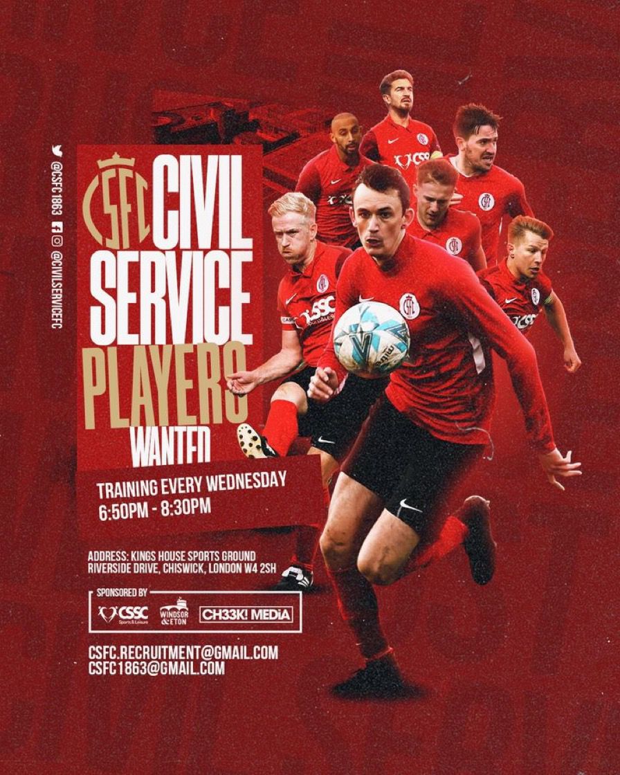 With the season underway we are now training every Wednesday night for men's teams. Matches Saturday. Always recruiting 8 men's teams including Vets.

Please share <a href="/CSSC_Official/">CSSC</a> <a href="/csscfootball/">csscfootball</a> <a href="/AmateurFA/">Amateur FA ⚽️</a> <a href="/TheChiswickCal/">The Chiswick Calendar</a>
