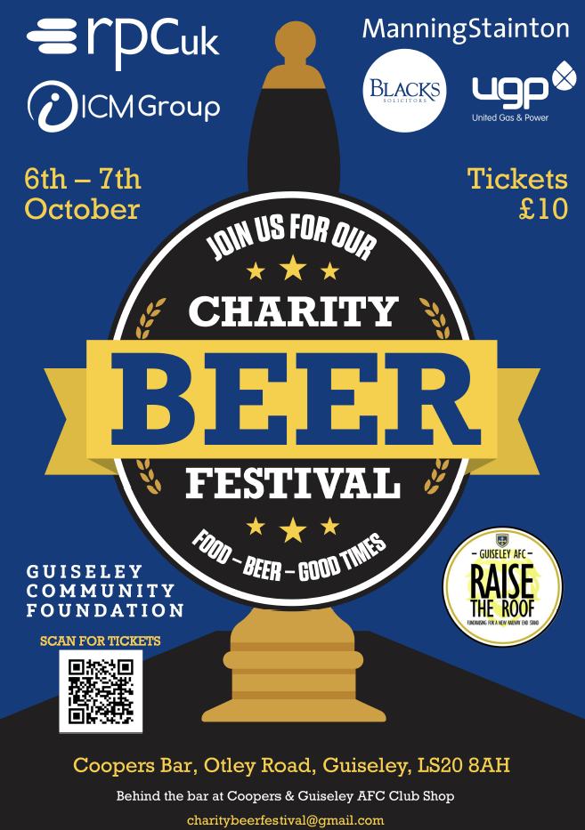 🍻 | There's just over three weeks to go until the Guiseley Charity Beer Festival!

Tickets are on sale now for the event which takes place on 6th &amp; 7th October: wegottickets.com/f/13189

#GAFC #GuiseleyTogether