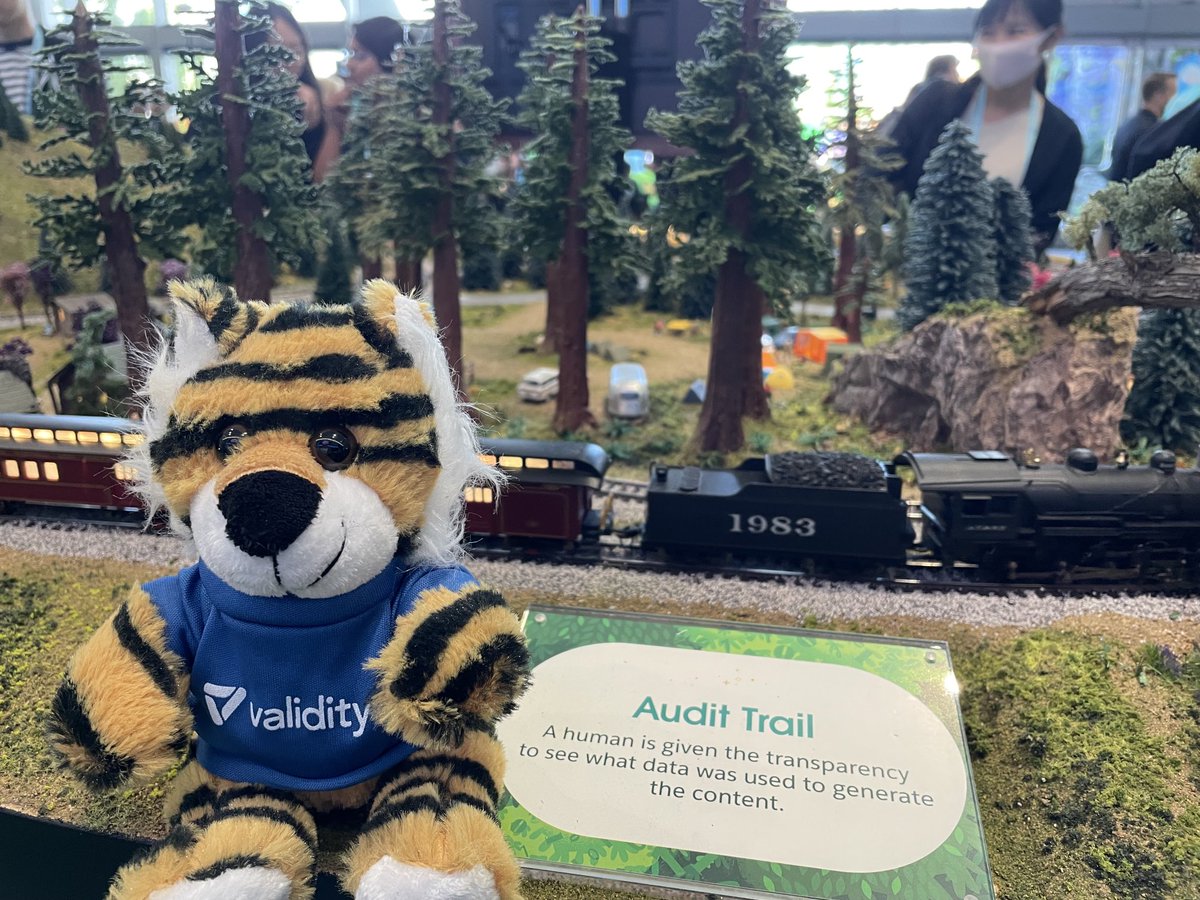 The sign at #DF23 read “A human is given the transparency to see what data was used to generate the content”. Validity Tiger wants to remind folks that tigers want transparency as well. Hence ⁦<a href="/TrustValidity/">Validity</a>⁩