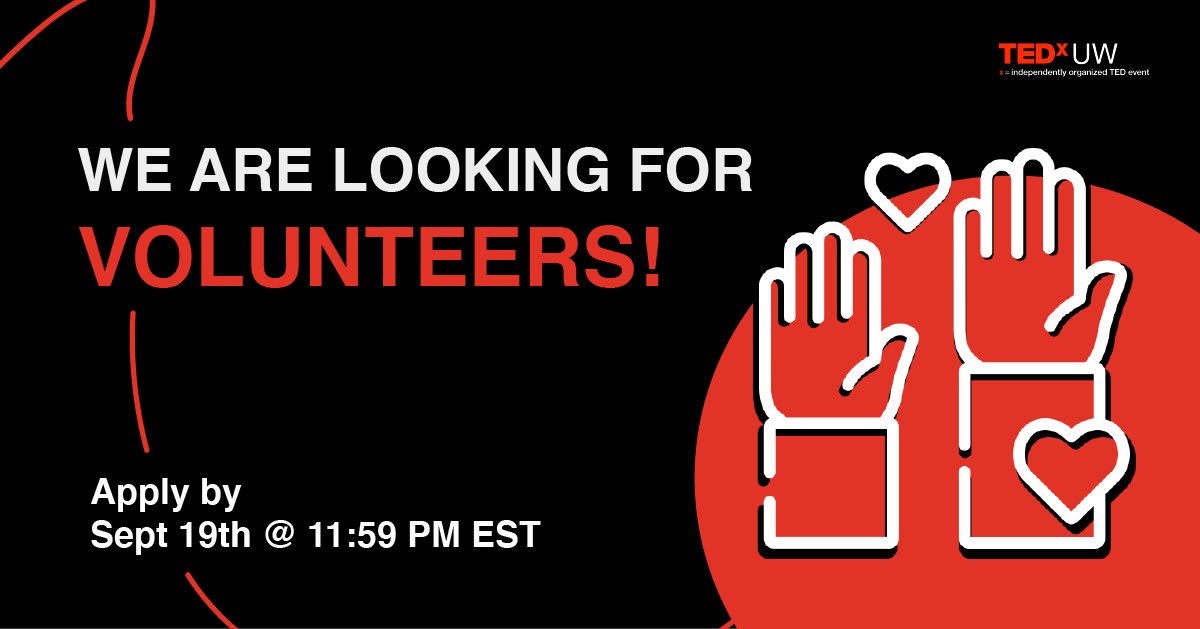 🌟We are looking for volunteers to join the behind the scenes of our TEDxUW 2023 Conference!🌟 

🔍Here are the open positions! 

General Volunteers

Assist with set-up &amp; clean-up of seats, decorations, booth, catering, and AV equipments