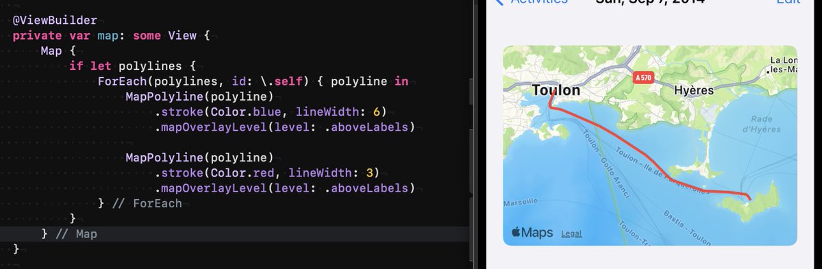 alpennec's tweet image. When using #MapKit with #SwiftUI, is there a way to have a polyline in a colour with a stroke in another one? Like in Apple Maps (1st screenshot).

In #UIKit, I used to add the same polyline 2x but with different renderer (width &amp;amp; color). It does not seem to work with #SwiftUI.