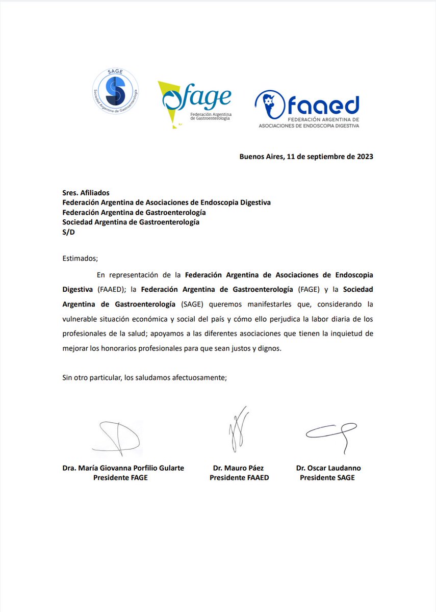 sage_gastro's tweet photo. 📄 #Comunicado
Desde #SAGE junto a @FAGEgastro y #FAAED nos sumamos a las diferentes asociaciones que tienen la inquietud de mejorar los honorarios de los profesionales de la salud.
#Salud #profesionales #SAGE #FAAED #FAGE https://t.co/VnSkoNnBuP