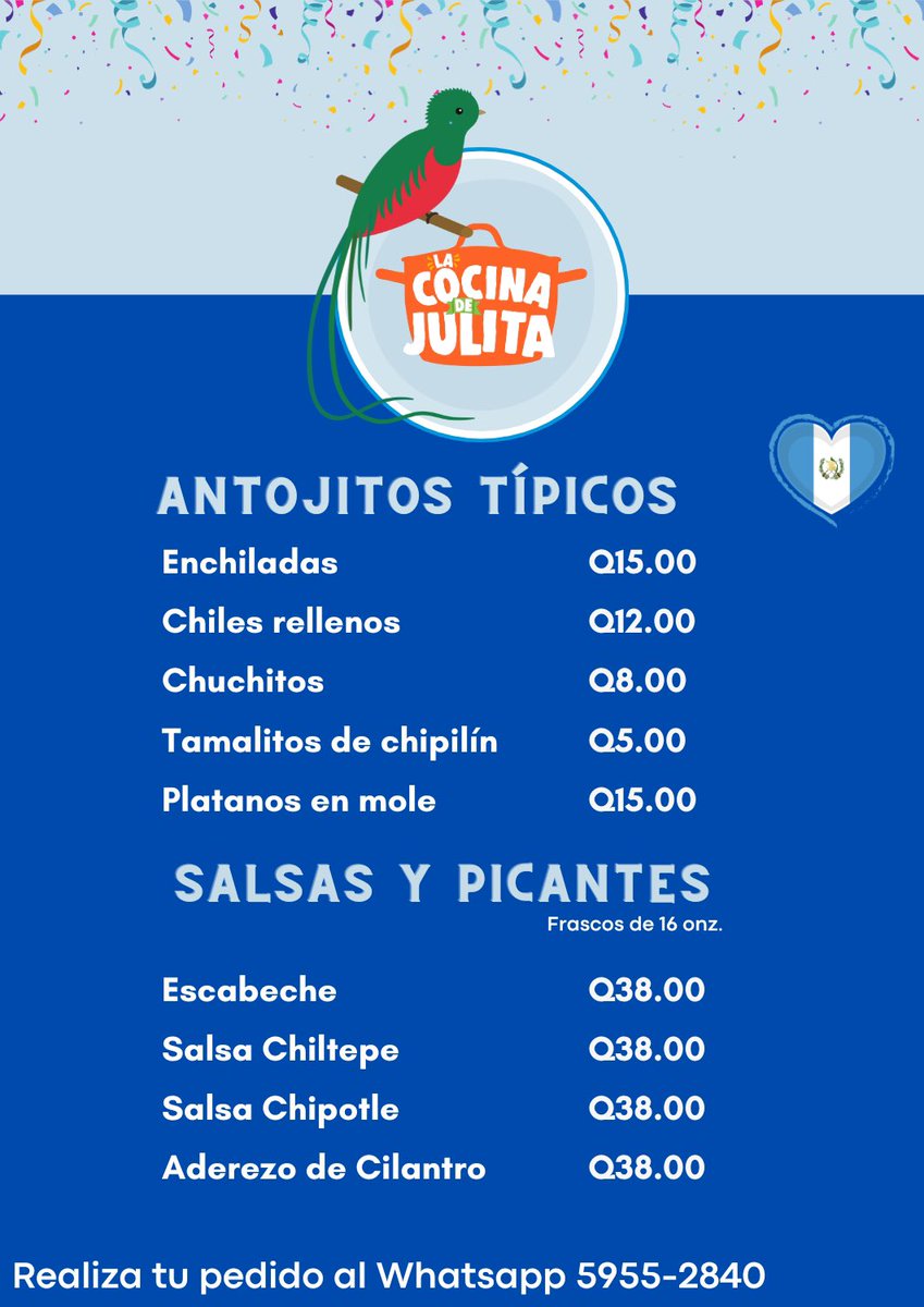 Celebra las fiestas patrias con los antojitos de La Cocina de Julita, comida 100% guatemalteca 🇬🇹🎉
Entregamos día viernes 15 y sabado 16 de septiembre 

Realiza tu pedido a nuestro Whatsapp 5955-2840 sera un placer atenderte. 
Entrega a domicilio dentro de la ciudad capital 🚚