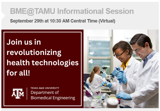 Join us! 📣 Learn more about @bmentamu graduate programs 📣 Friday, Sept 29 10:30 am⏰ #phdlife <a href="/TAMUEngineering/">TAMU Engineering</a>  <a href="/BMESociety/">Biomedical Engineering Society</a>  Registration link: tamu.zoom.us/meeting/regist…