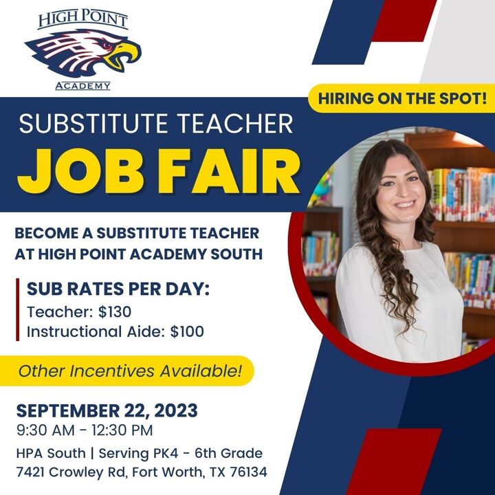 elleryhowarth's tweet photo. If you live in the FW area join us for a Substitute teacher job fair at our HPA South campus! 

TBP values our subs and pays a daily rate of $130!

#DFWTeachers #substituteteaching #FWjobfair https://t.co/yvWvWV3qK5