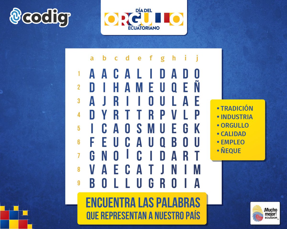 codig_ec's tweet photo. Te retamos a encontrar las 6 palabras que nos representan 
como país 💪🏼🟡🔵🔴

Comenta las que encuentres👇🏽👀 
Por ejemplo: CALIDAD - FILA 6 , COLUMNA c - i

𝟮𝟮 𝗗𝗘 𝗦𝗘𝗣𝗧𝗜𝗘𝗠𝗕𝗥𝗘
#DiaDelOrgulloEcuatoriano

@muchomejorecuador @Ecuador_calidad https://t.co/jA5VBSb6mP