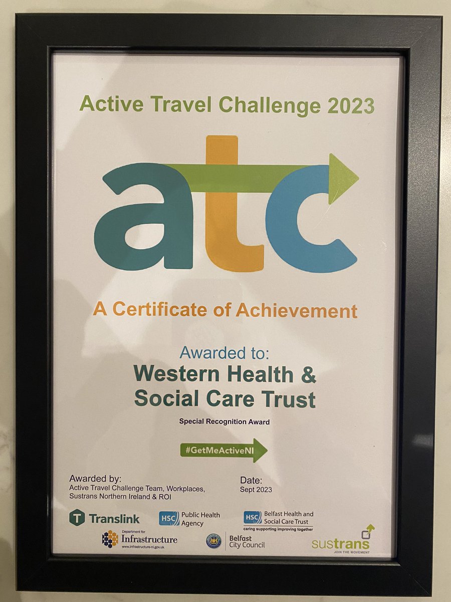 Lovely to have picked up special recognition today at the #activetravelchallenge awards in Belfast for @WesternHSCTrust 
Well done to everyone involved and to @Sustrans for organising and @Allstate for hosting in such a wonderful location!