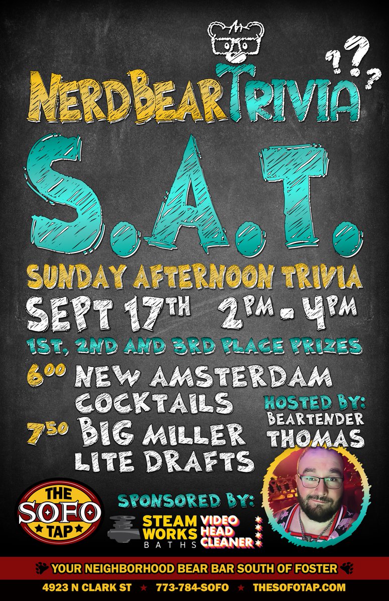 The SoFo Tap (@sofotap) on Twitter photo Embrace your inner geek because NerdBear Trivia: Sunday Afternoon Edition is returning on Sept. 17th at 2pm! 🌈 🐻
Join Beartender <a href="/thomas2leroy/">Thomas aka Bearbie</a> for a chance to win enticing prizes: $200, $100, or $50 2Bears Tavern Group gift certificates at our quarterly Sunday Funday trivia Embrace your inner geek because NerdBear Trivia: Sunday Afternoon Edition is returning on Sept. 17th at 2pm! 🌈 🐻
Join Beartender <a href="/thomas2leroy/">Thomas aka Bearbie</a> for a chance to win enticing prizes: $200, $100, or $50 2Bears Tavern Group gift certificates at our quarterly Sunday Funday trivia