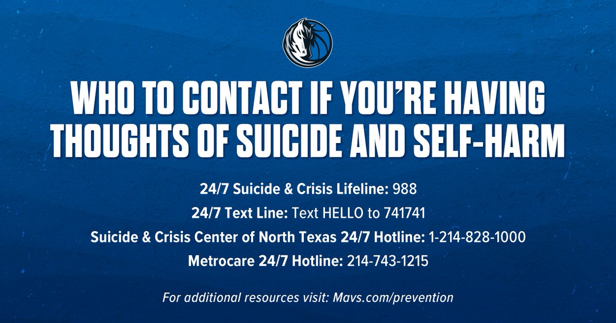 MavsOffCourt's tweet photo. During #SuicidePreventionWeek, remember: You're never alone. Reach out to friends, family, or helplines like 988 or text HELLO to 741741. Your life matters, and there's always someone ready to listen and support. 💛 #YouAreNotAlone

MORE INFO ➡️ https://t.co/Ti8OrTmUJd https://t.co/EOgPybbkvr