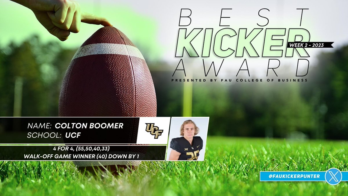 Best Kicker Award for Week 2 goes to Colton Boomer (UCF) who was 4 for 4 w/ two 50+ FGs & a walk-off winner!! Colton is currently #2 in our national rankings this season! @UCF_Football #UCF @faubusiness @faumbasport