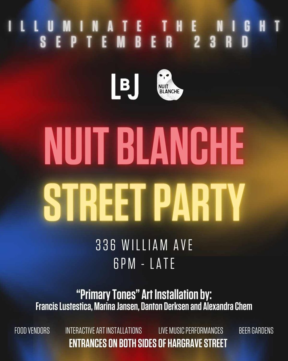 We’re turning Hargrave Street into an extended beer garden for Nuit Blanche.

From 6-LATE September 23rd, you’ll find interactive art installations by Illuminate The Night, live music performances throughout the night, and food trucks in the gardens.

See you here.