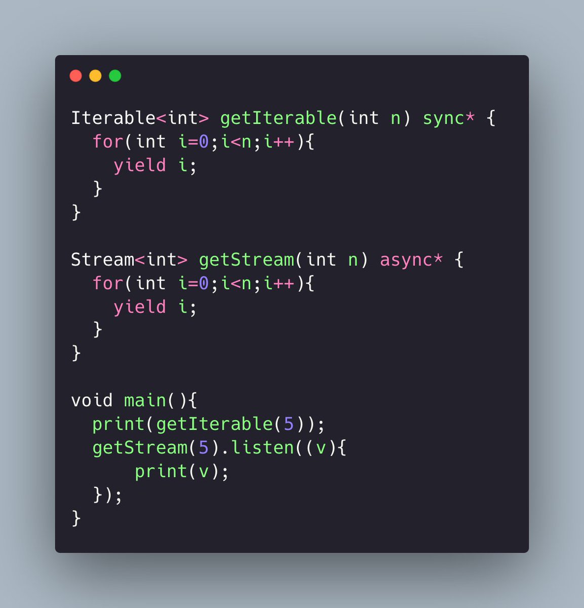 rkishan516's tweet photo. In dart, With sync* keyword you can get Iterable on there other hand with async* you can get Stream. https://t.co/SyAsJcdgxj