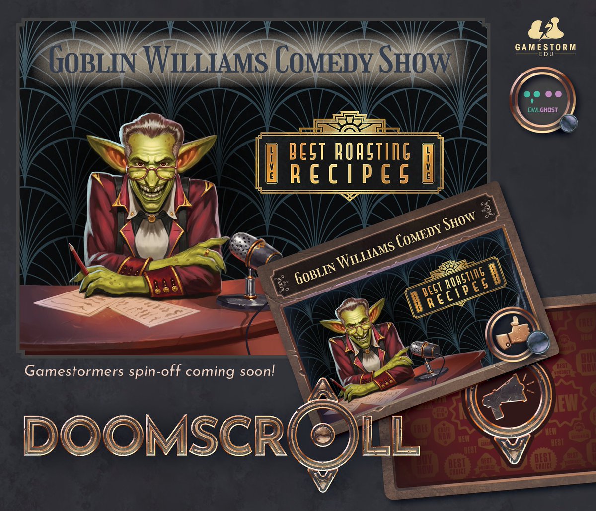 OwlghostStudios's tweet photo. After watching a goblin late-night talk show, I have to say, his interviews with trolls and fairies are pure magic! ✨🧚‍♂️🤣 

Newest card for DOOMSCROLL by @GameStormEDU painted by @Egoraptor3000  

#tabletopgaming #TCG #boardgames https://t.co/56gDMDU2Q0