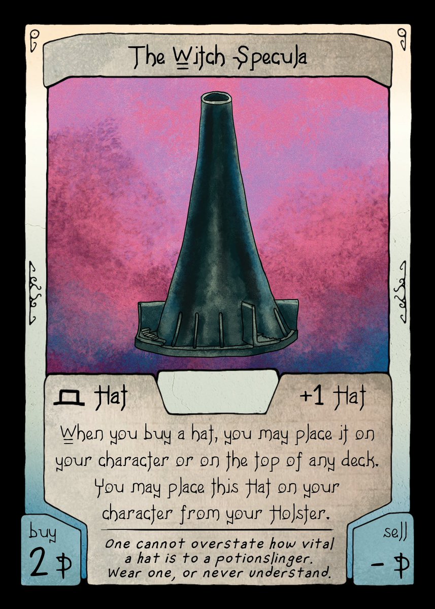 Card Post #1: The Witch Specula
This card is a special type of card called a Hat! When you can buy it, you can place it on your character’s head! Or, you can place it on top of an opponent’s deck to disrupt them!